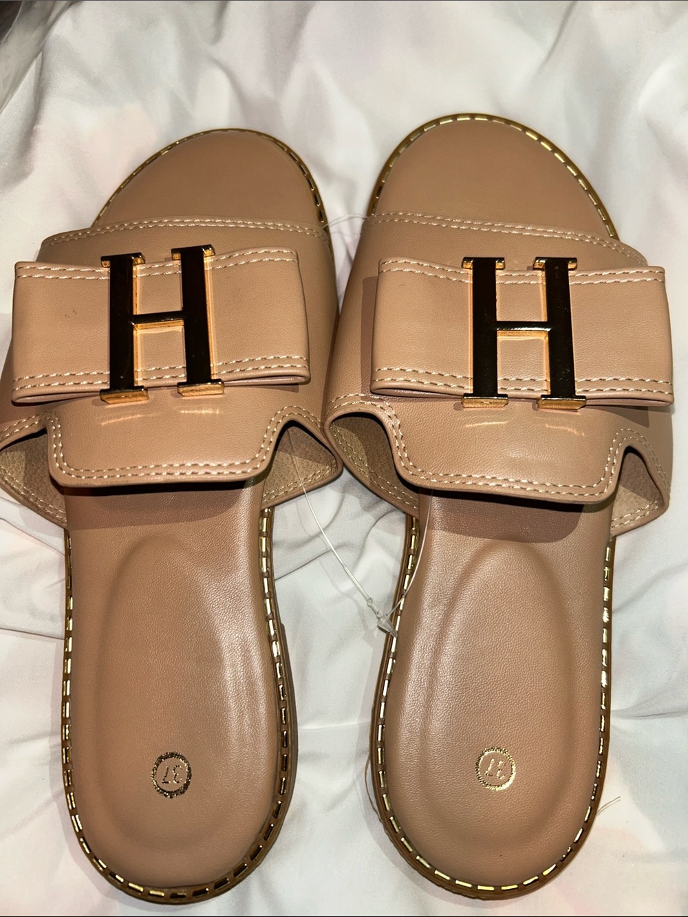 Beige Slide Sandals with Gold H Accent